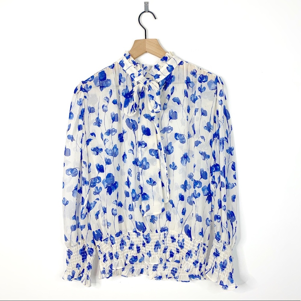 Misa Los Angeles Blue and White Silk Floral Blouse